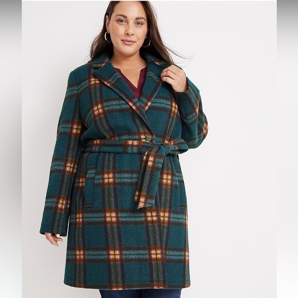 Maurices Plaid Belted Faux Wool Wrap Long Coat Sz XL Teal Tan Brown Pink - Picture 2 of 9